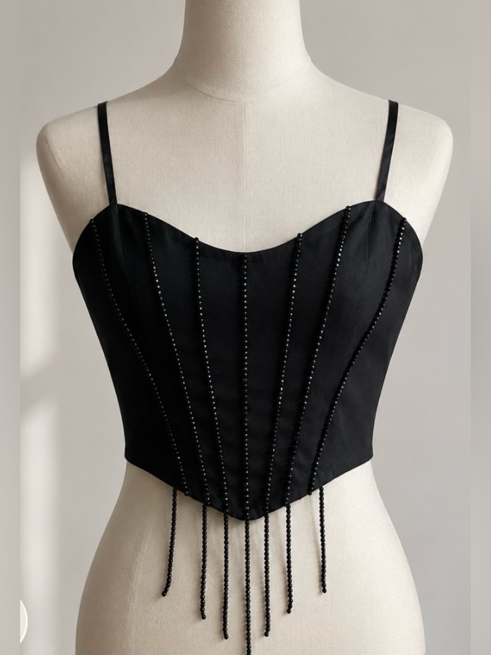Oh Polly Black Beaded Corset-Style Crop Top with Fringe